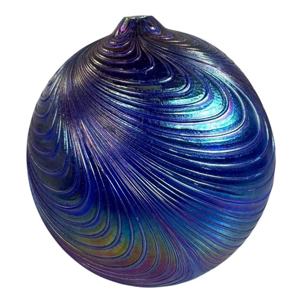 Handcrafted Iridescent Swirled Pulled Feather Glass Vase Oil Lamp Paperweight 6"